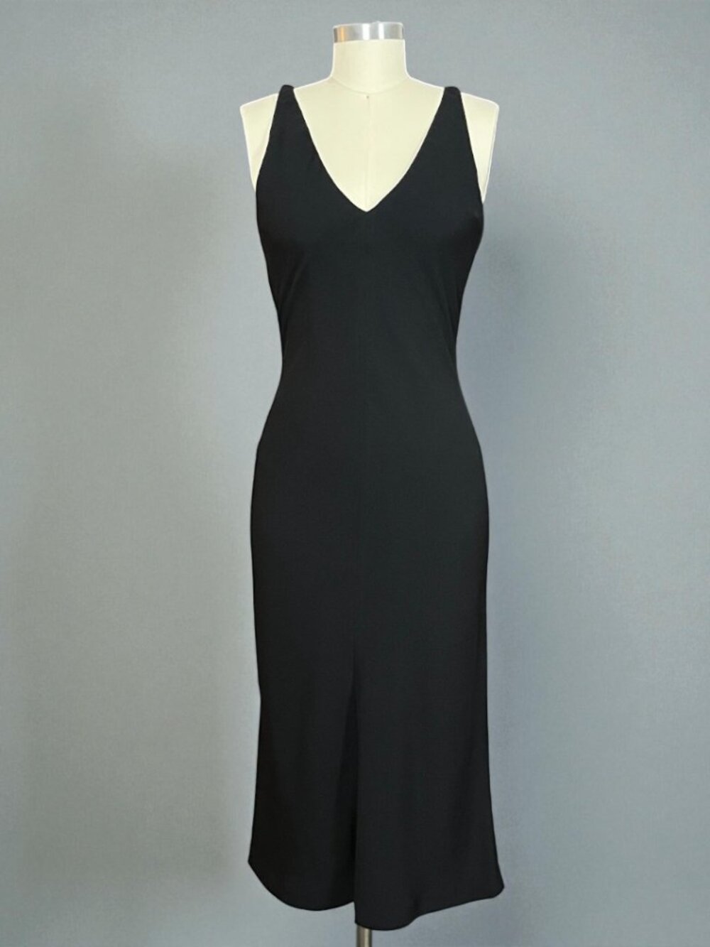 Vintage 90s Esprit Black Deep V-Neck Fitted Midi Sheath Dress